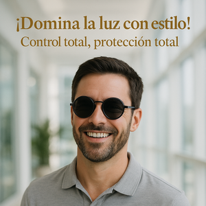 Hombre usando gafas ND con diseño moderno y protección UV en exterior soleado
